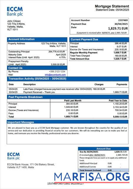Downloadable Malta ECCM Bank mortgage statement Word and PDF template